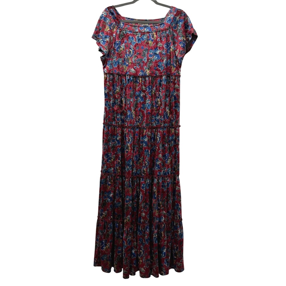 Natural Life Velvet Floral Tiered Maxi Dress M Burgundy Boho Moody Romantic Dark